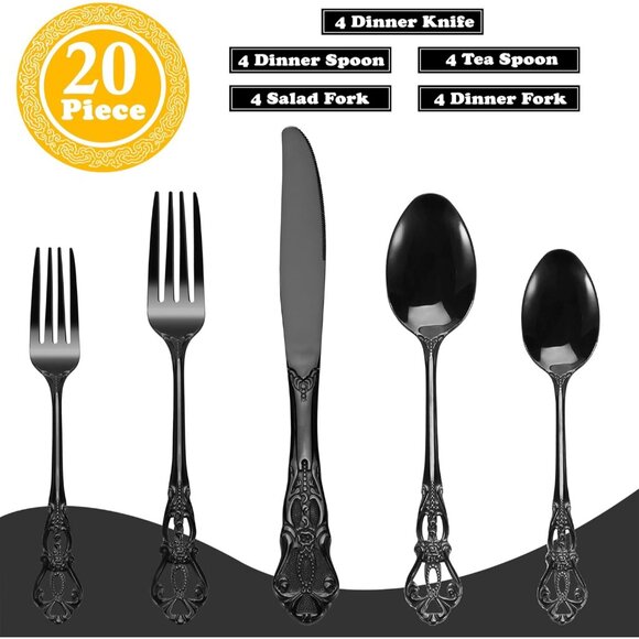🆕 Gorgeous Retro Royal Black Stainless Steel 20 Pieces Flatware Set Anti-Rust - Picture 2 of 7